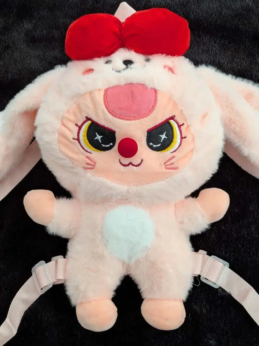 Baby Three Plush Backpack Pink Bunny Rabbit with Red Bow and Adjustable Straps